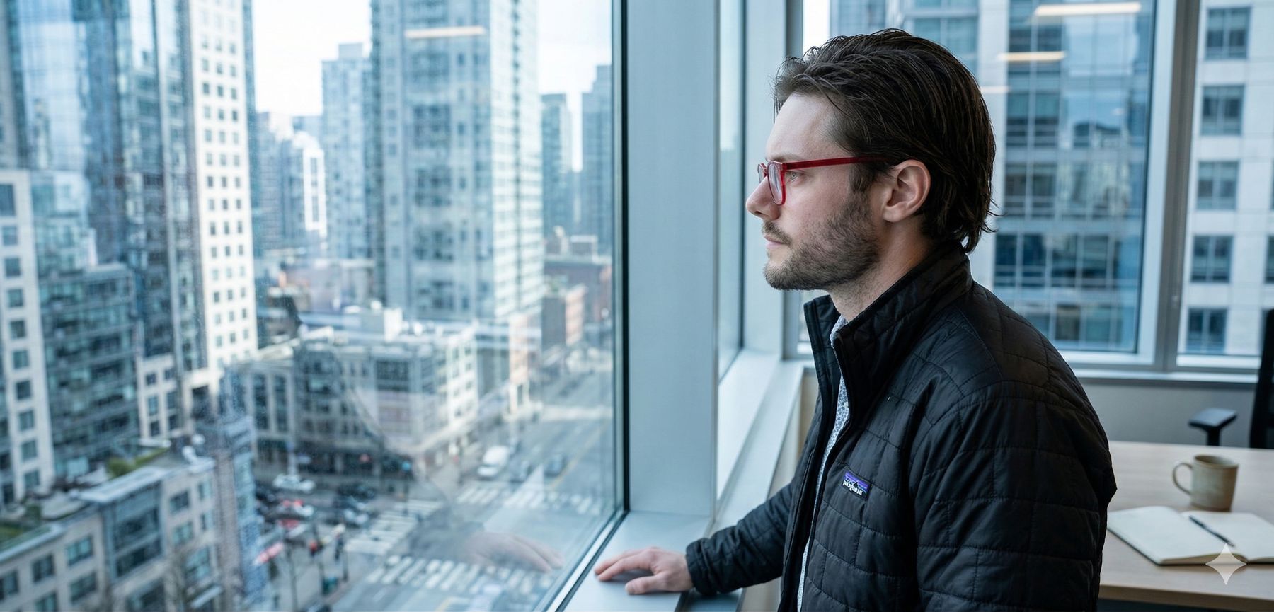 Shane Dixon looking out an office window over a city skyline